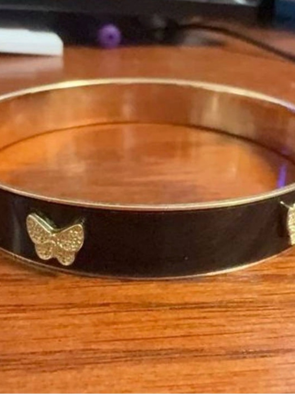 Gold-Tone Black Enamel Butterfly Bangle Bracelet with Crystal Accent